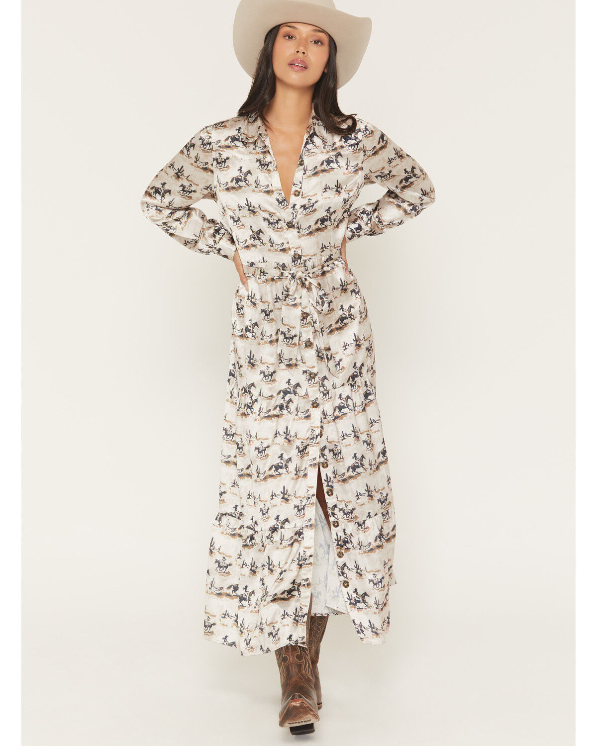 PANHANDLE WOMEN TAN CONVERSATIONAL LS MAXI DRESS LWD2R07910