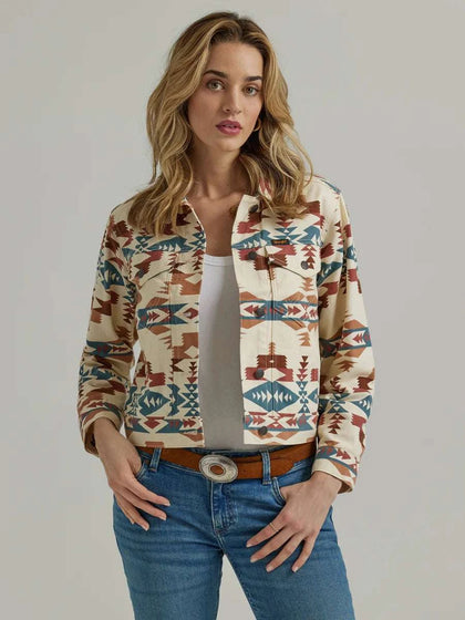 CHAQUETA DE MEZCLILLA WRANGLER RETRO BEIGE CON ESTAMPADO AZTECA PARA MUJER-112346156
