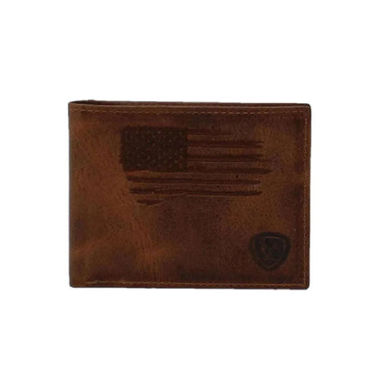 ARIAT BILLETERA MASCULINA DE CUERO MARRÓN CON BANDERA AMERICANA Y TARJETERO REMOVIBLE-A3545602