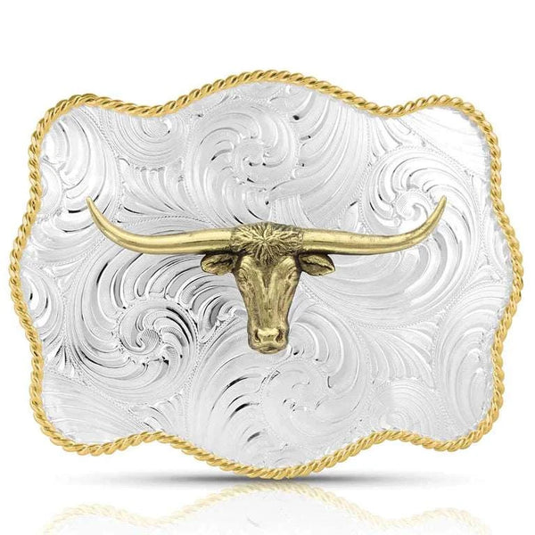 HEBILLA CINCELADA ONDULADA MONTANA SILVERSMITH CON CABEZA DE GANADO LONGHORN