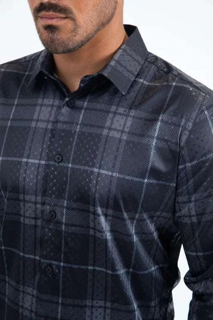 PLATINI MENS MODERN FIT STRETCH FOIL FASHION BLACK SHIRT - FPL11494