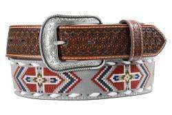 CINTURÓN 3D DE HOMBRE, ESTILO WESTERN, MARRÓN, AZTECA ROJO Y AZTECA GRIS - D100020106