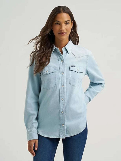 WOMENS WRANGLER DENIM LONG SLEEVE LIGHT BLUE SHIRT 112373722