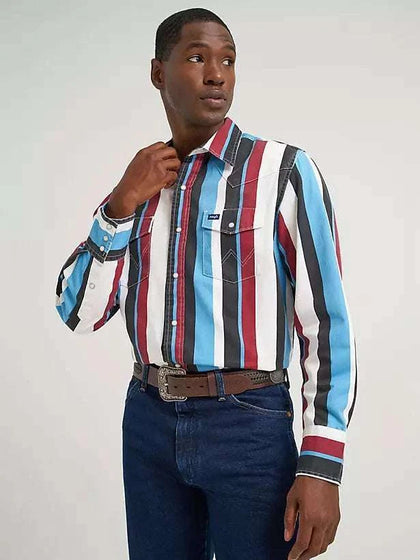 WRANGLER BURGUNDY BLUE WHITE STRIPES MEN PURAL SNAP LONG SLEEVE SHIRT 112374804