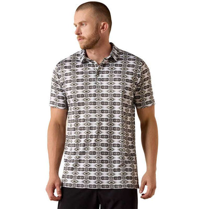 ARIAT MEN ALL OVER  PRINT FTD SS POLO PRISTINE WHITE GEO STRIPE 10071094