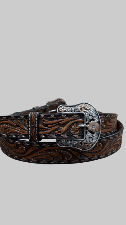 ANGEL RANCH BELTS WOMEN’S CHOCOLATE  PRINT HAND TOOLED GOLD SCROLL D140011402