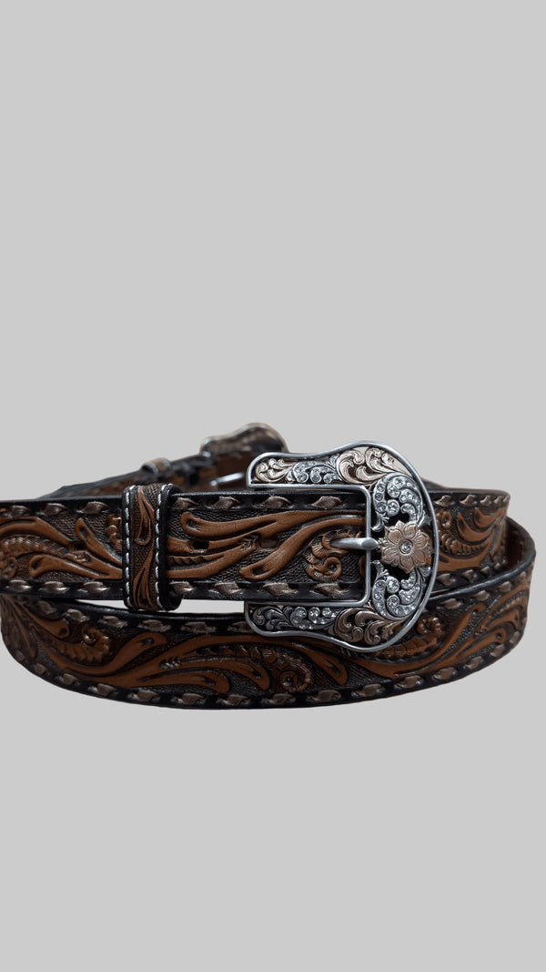 ANGEL RANCH BELTS WOMEN’S CHOCOLATE  PRINT HAND TOOLED GOLD SCROLL D140011402