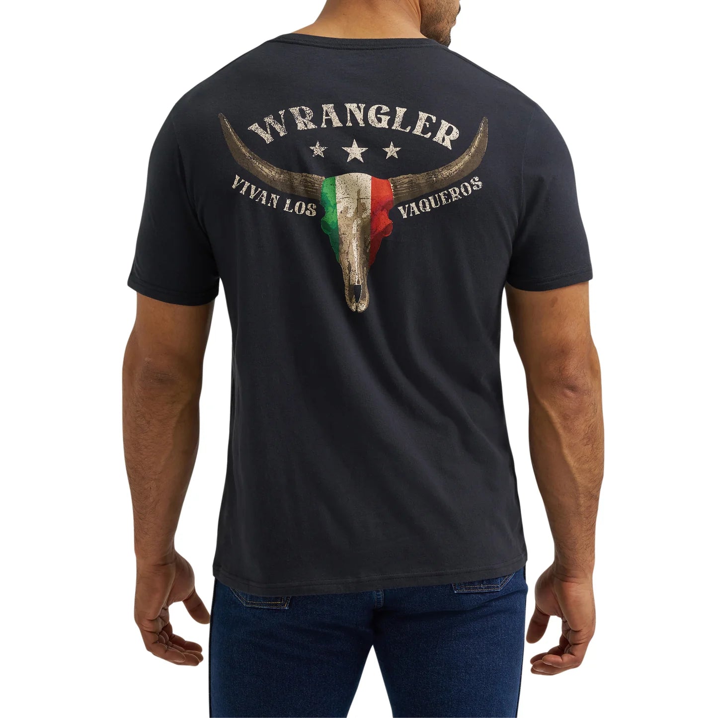 Black Wrangler t-shirt with bull skull design on the back