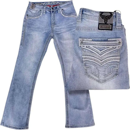 LAMASINI MENS JEANS BOOTCUT LIGHT WASH BLUE LAM26503