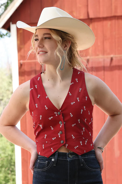 CHALECO CINCH PARA MUJER ROJO Y ESTAMPADO DE ESPUELAS - CTV7532002