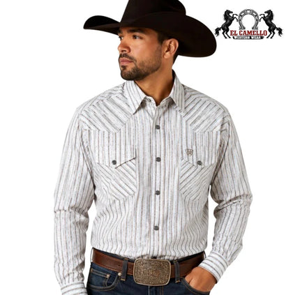 ARIAT MENS WF BURNARD LS SNP SHRT SAVANNAH BROWN GEO STRIPE 10079437