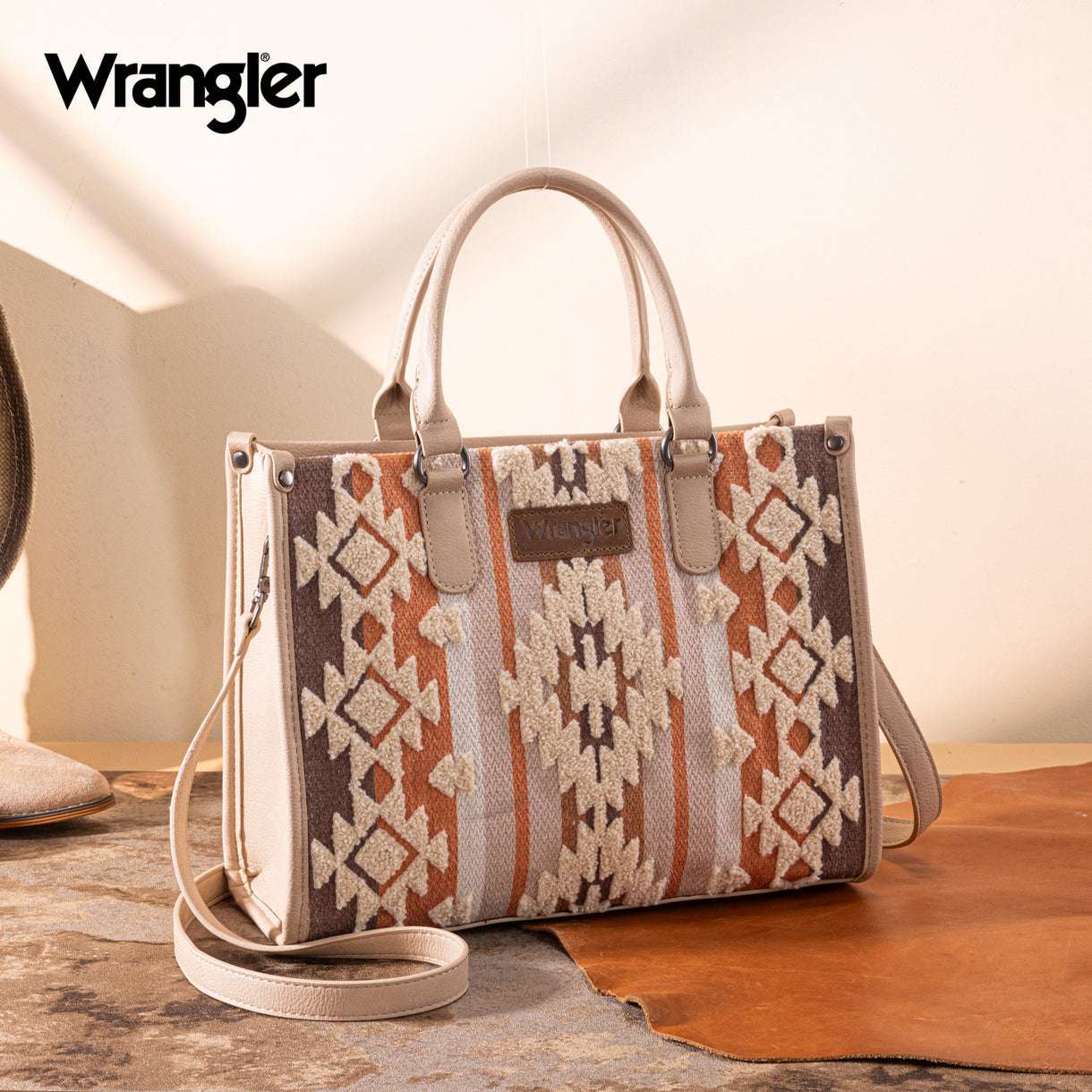 WRANGLER SHERPA AZTEC CANVAS TOTE/CROSSBODY BEIGE ORANGE 8119TN Laherradurawwnc.com