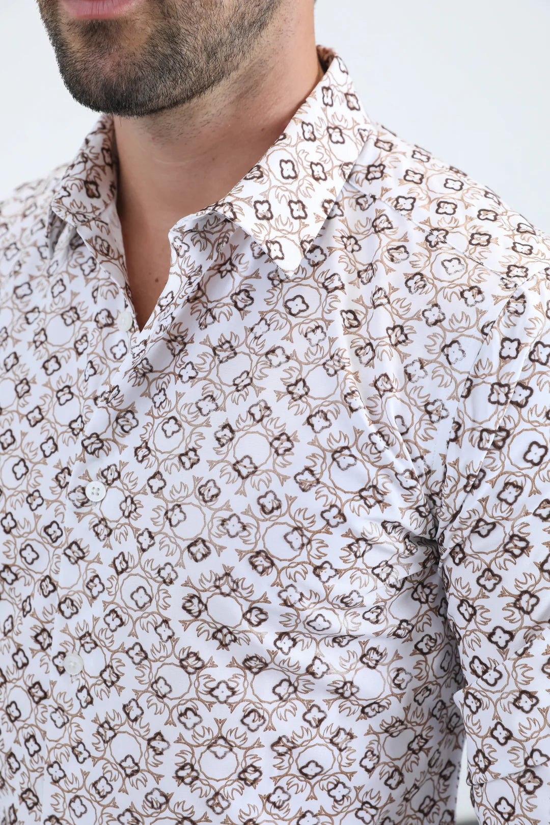 PLATINI MENS FLOCKED MODERN FIT SPANDEX LONG SLEEVE SHIRT WHITE - MFL11171