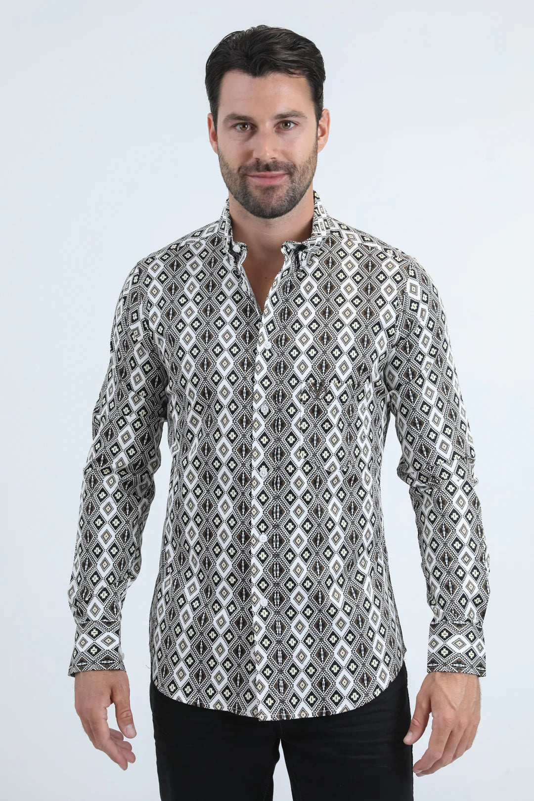 PLATINI MENS MODERN FIT STRETCH FOIL FASHION LONG SLEEVE SHIRT WHITE - CWL11065