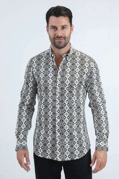 PLATINI CAMISA DE MANGA LARGA AJUSTADA ELÁSTICA CON LÁMINAS MODERNAS PARA HOMBRE BLANCA - CWL11065