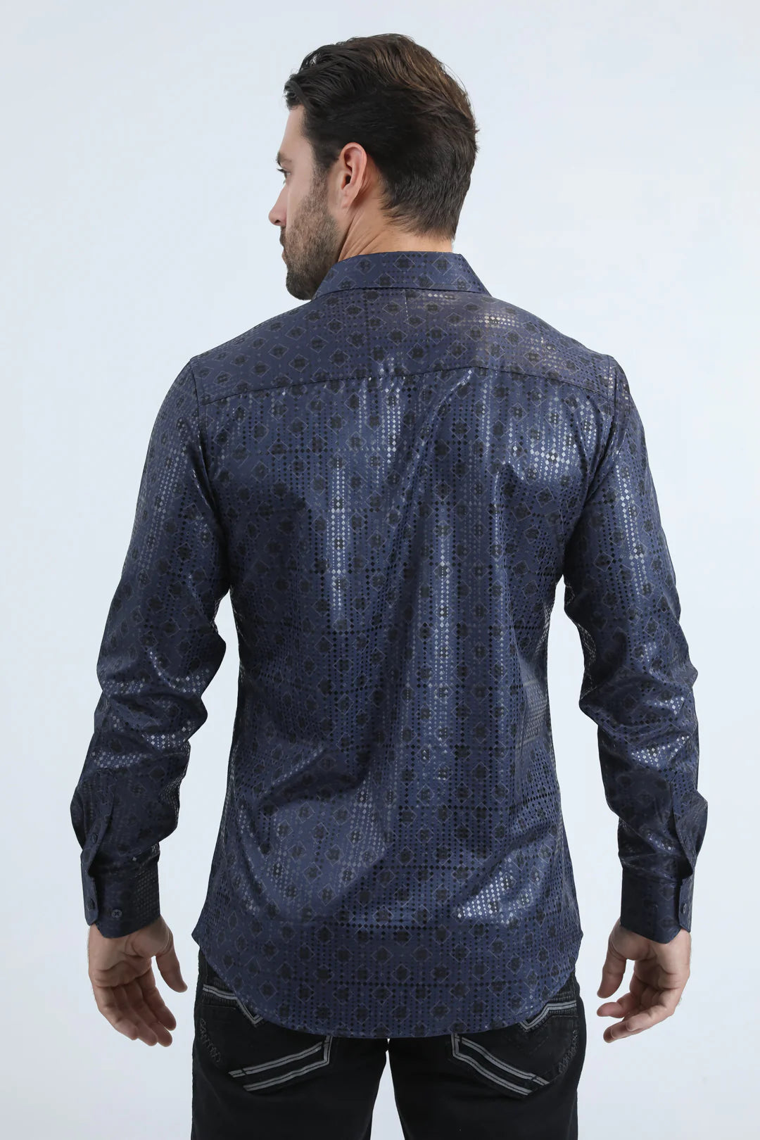 PLATINI MENS MODERN FIT STRETCH FOIL FASHION LONG SLEEVE SHIRT NAVY - FPL10956