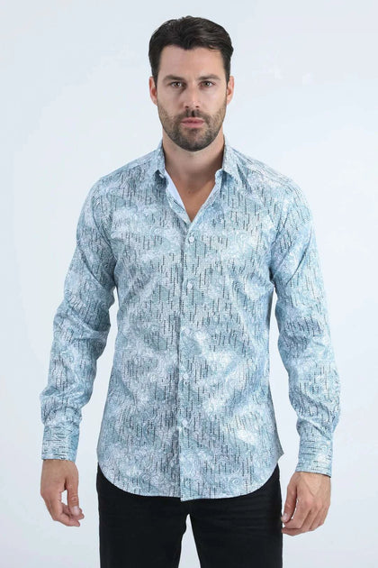 CAMISA DE MANGA LARGA PLATINI DE CORTE MODERNO CON ESTAMPADO DE LÁMINA ELÁSTICA PARA HOMBRE BLANCO/AZUL - FPL10943