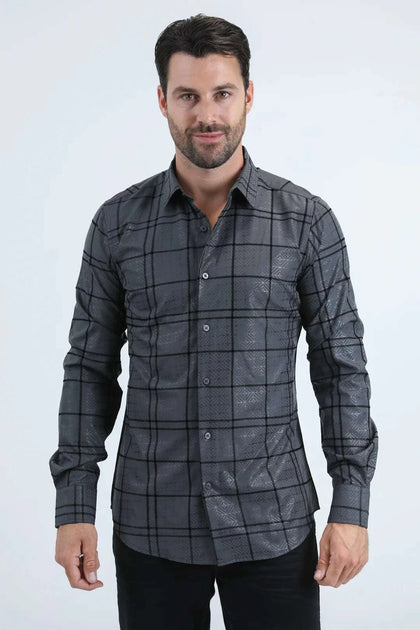 CAMISA DE MANGA LARGA PLATINI DE HOMBRE CORTE MODERNO ELÁSTICA ESTAMPADO METÁLICO MODA CARBÓN - MFL11188