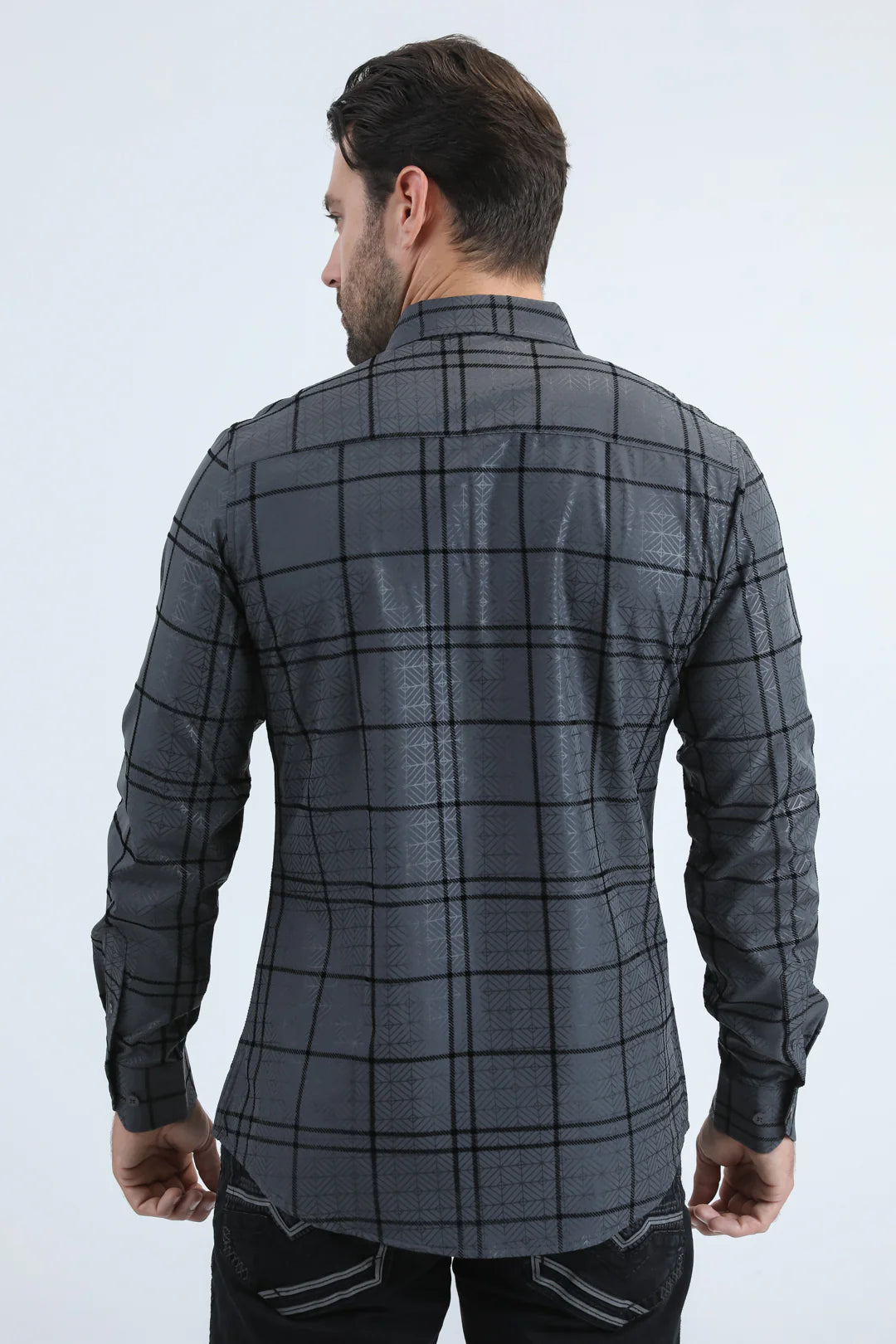 PLATINI MENS MODERN FIT STRETCH FOIL FASHION LONG SLEEVE SHIRT CHARCOAL - MFL11188