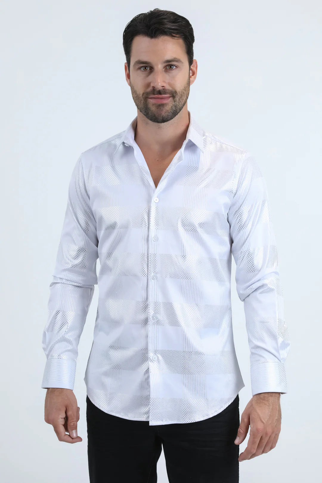 PLATINI MENS MODERN FIT STRETCH FOIL FASHION LONG SLEEVE SHIRT WHITE - FPL11190