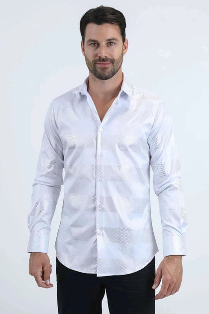 CAMISA DE MANGA LARGA PLATINI DE CORTE MODERNO Y TEJIDO ELÁSTICO ESTAMPADO BLANCO - FPL11190