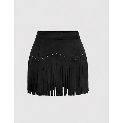 ROCK & ROLL WOMENS SUEDE STUDDED SKIRT W/FRINGE BLACK BW69B09382