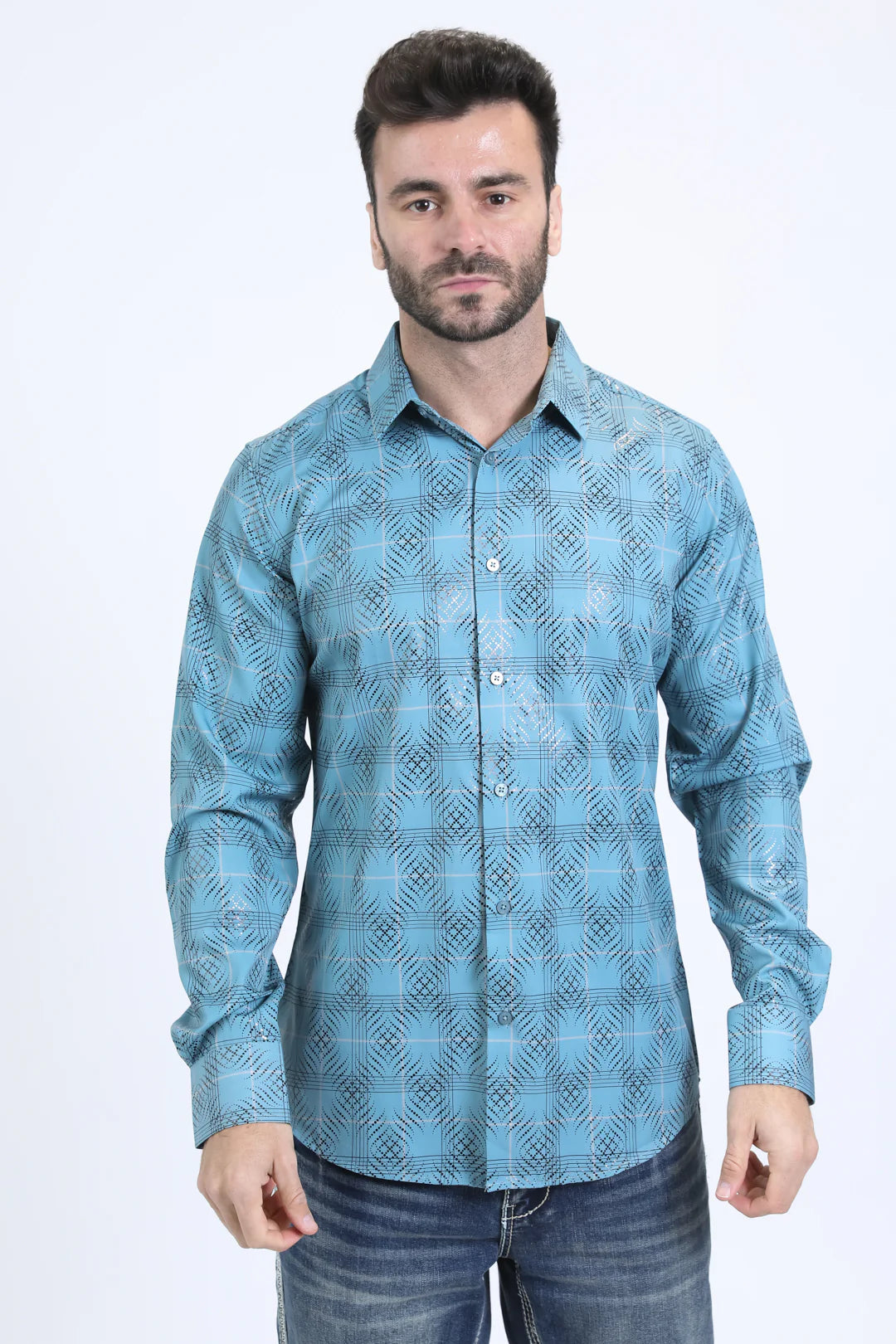 Platini Mens Modern fit stretch foil fashion Long sleeve Shirt Teal - FPL10728
