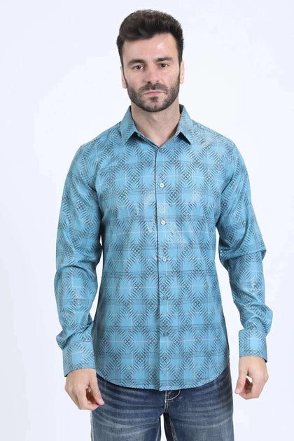 Camisa de manga larga de moda Platini de corte moderno elástico con estampado metalizado para hombre, color cerceta - FPL10728