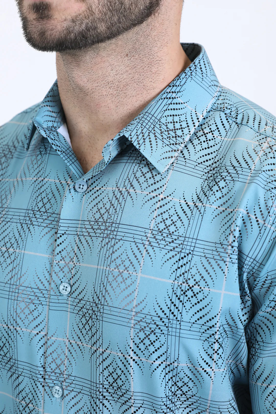 Platini Mens Modern fit stretch foil fashion Long sleeve Shirt Teal - FPL10728