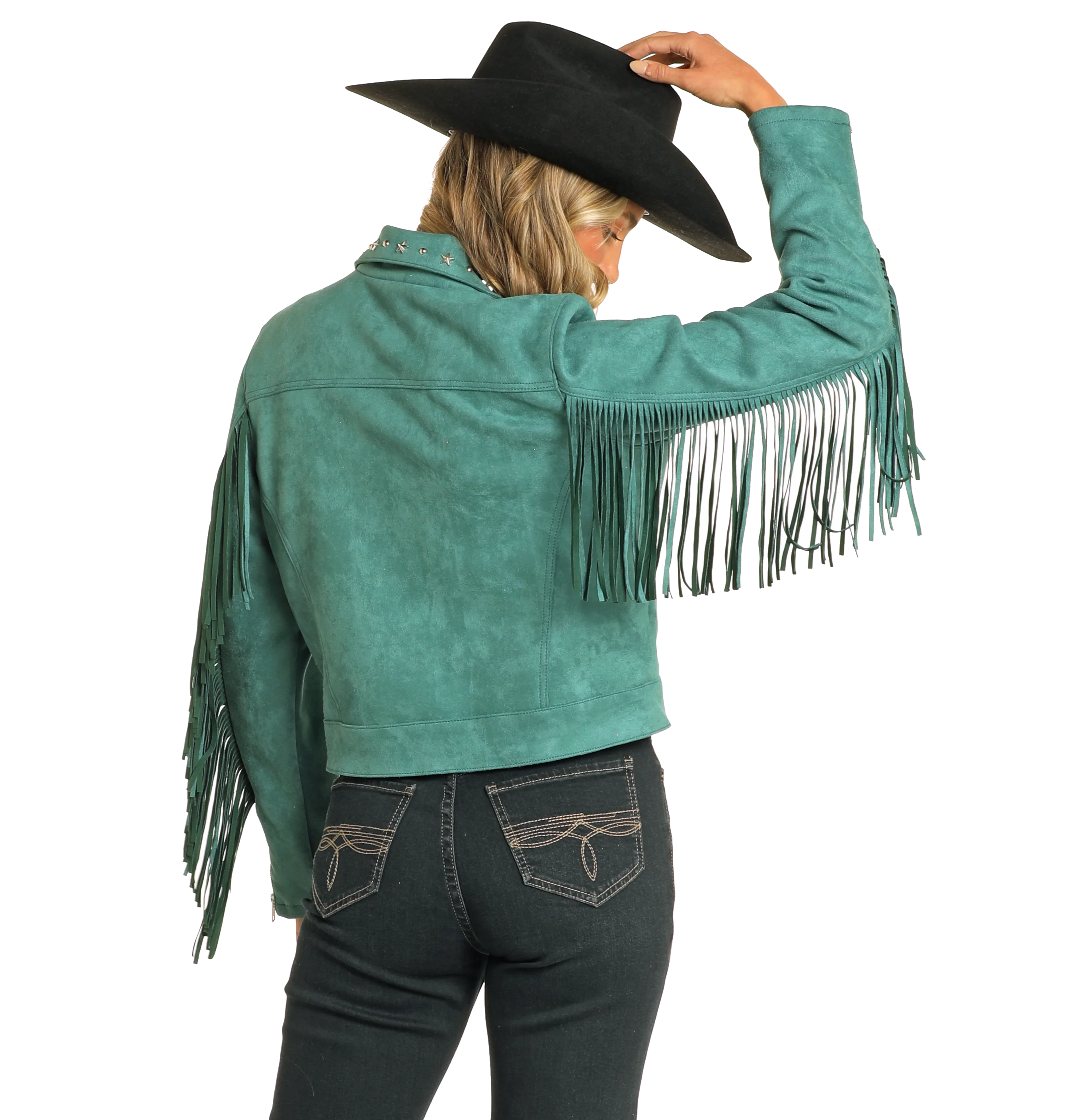 Rock&roll Womens Suede Fringe MOTO JACKET Green