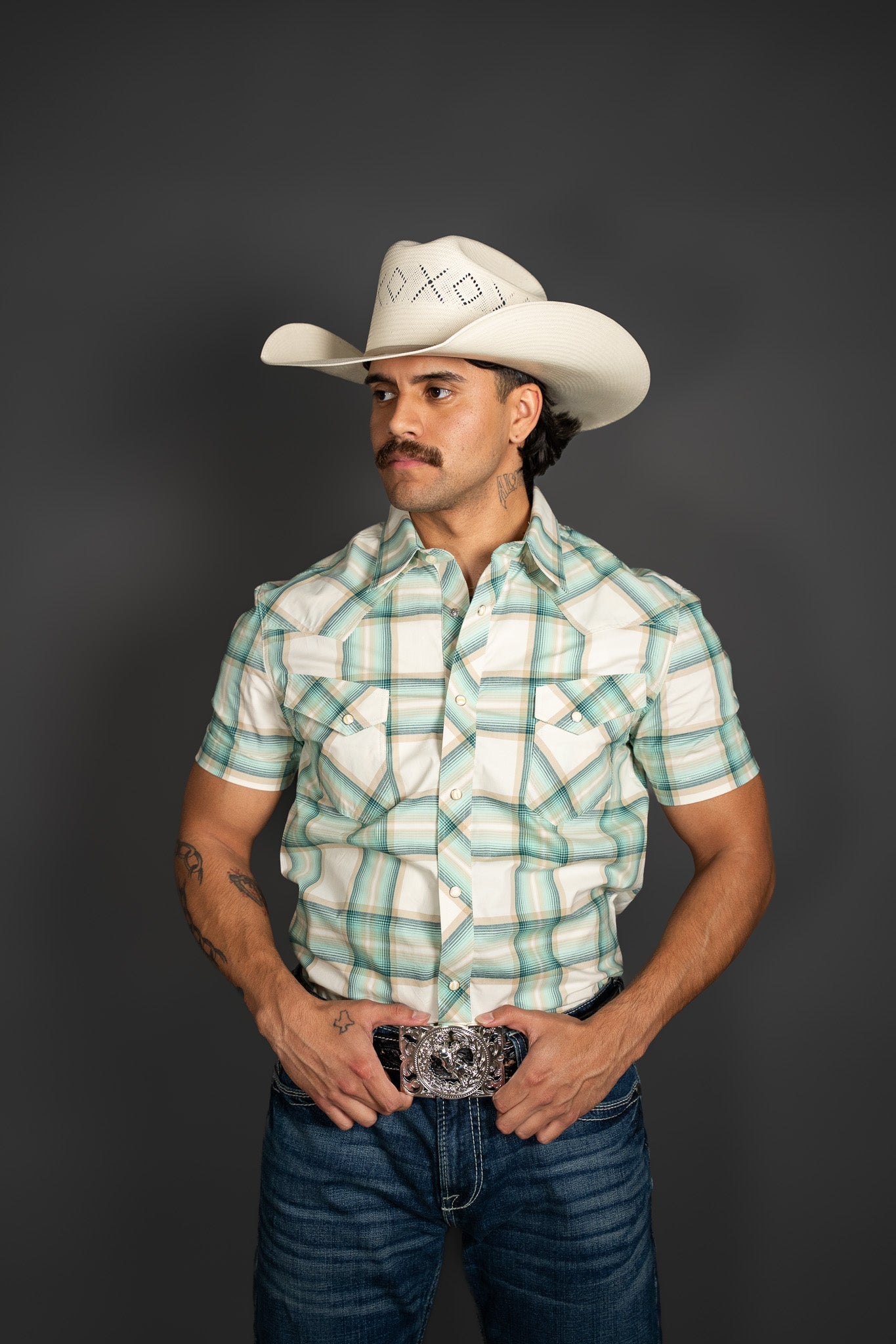 ROCK&ROLL MENS TEAL TARN DYE PLAID SHIRT SHORT SLEEVE  - BMN3S08651