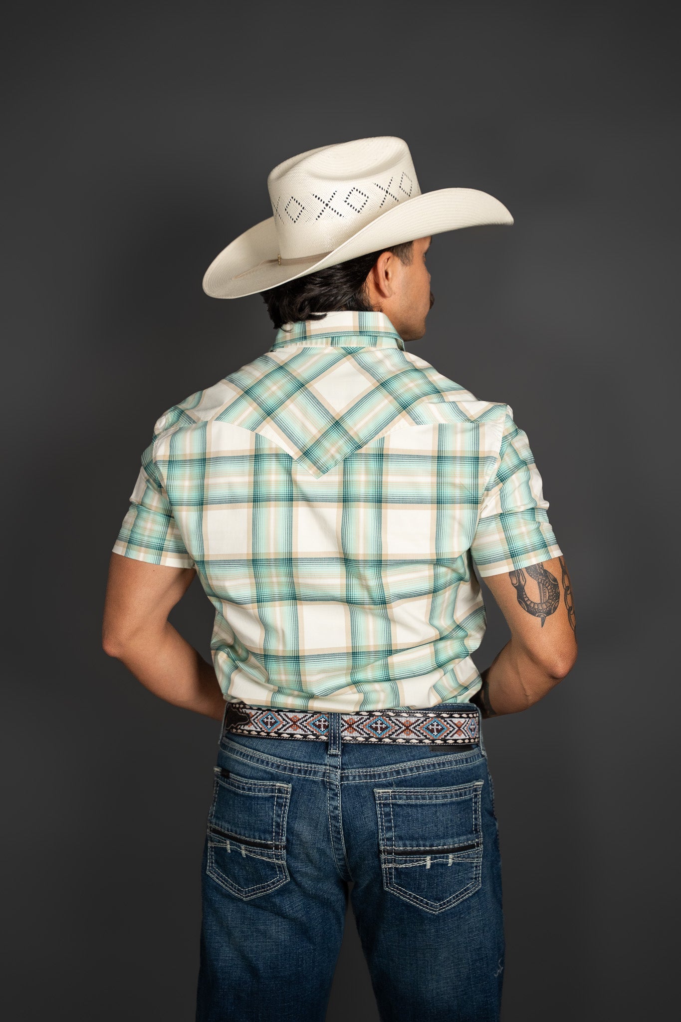 ROCK&ROLL MENS TEAL TARN DYE PLAID SHIRT SHORT SLEEVE  - BMN3S08651