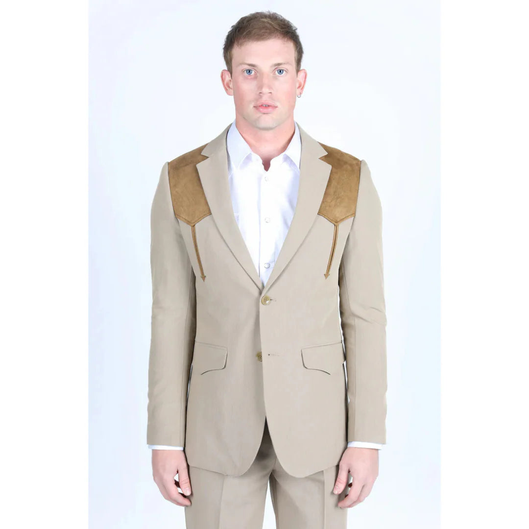 PLATINI MEN KHAKI WESTERN SUIT COAT WHIT SUEDE YOKES AND ELBOW PATCHES- WST9746