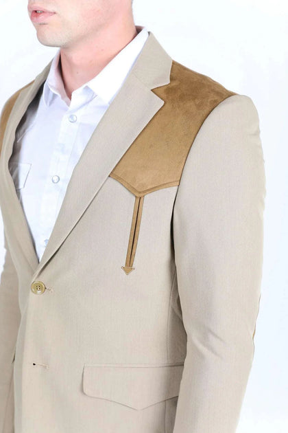 PLATINI MEN KHAKI WESTERN SUIT COAT WHIT SUEDE YOKES AND ELBOW PATCHES- WST9746