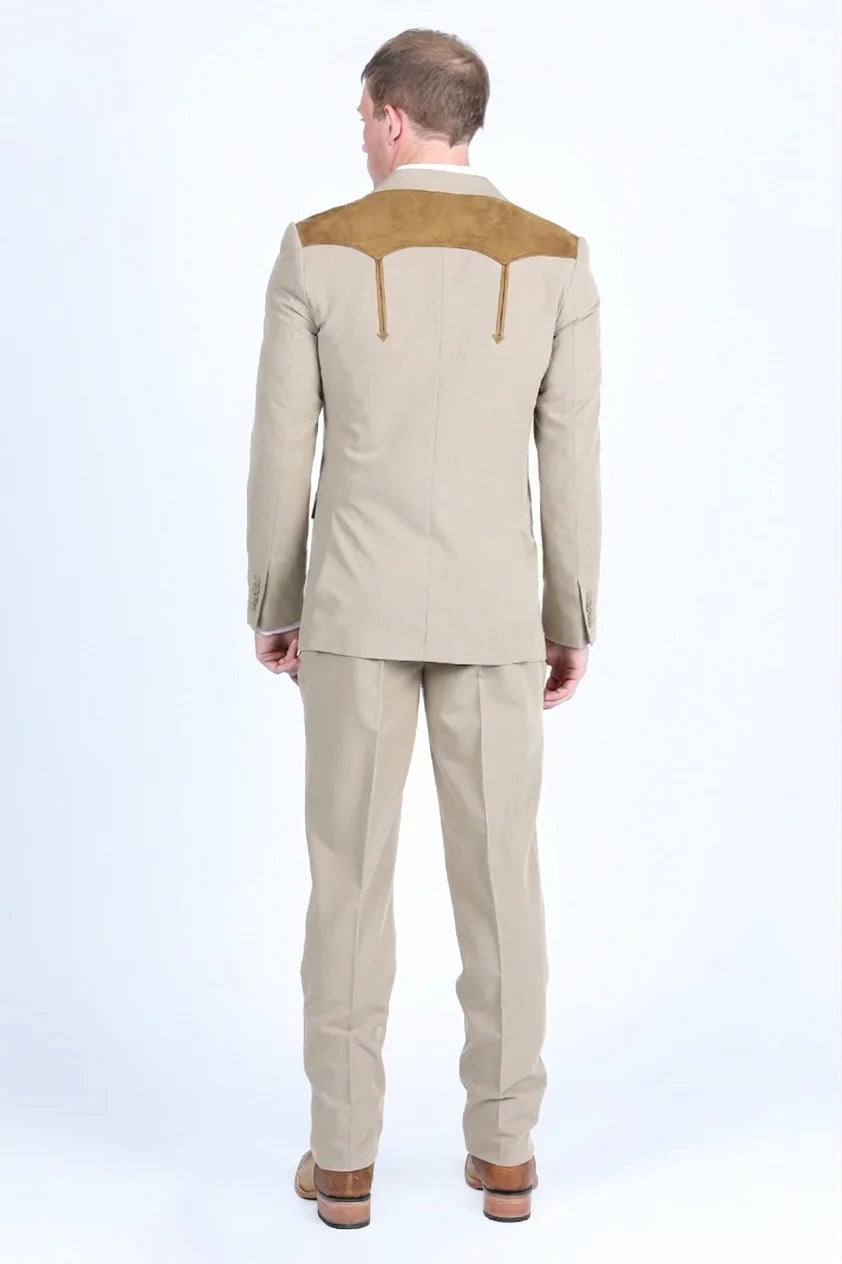 PLATINI MEN KHAKI WESTERN SUIT COAT WHIT SUEDE YOKES AND ELBOW PATCHES- WST9746