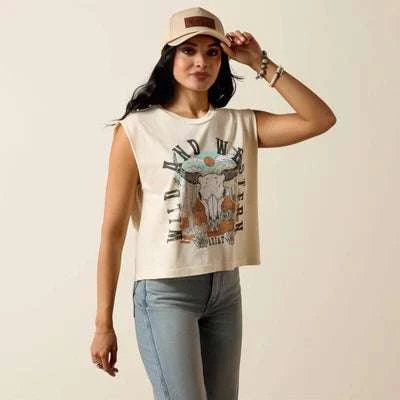 ARIAT WOMEN FADED IVORY STEER SKULL LANDSCAPE  SS TSHRT 10078378