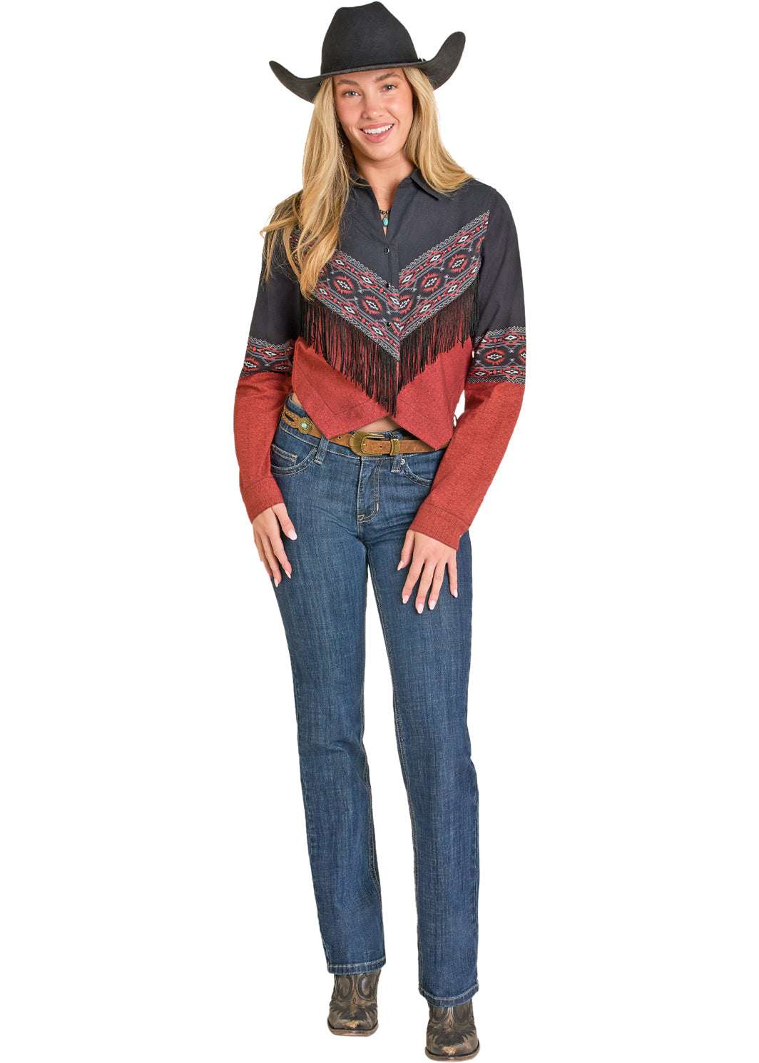 ROCK AND ROLL WOMAN RED RETRO AZTEC BORDER FRINGE PURAL SNAP SHIRT BWN2507778