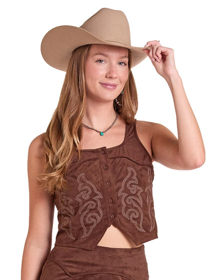 ROCK & ROLL WOMENS EMBROIDERED MICROSUEDE TOP BROWN  BW50T08098
