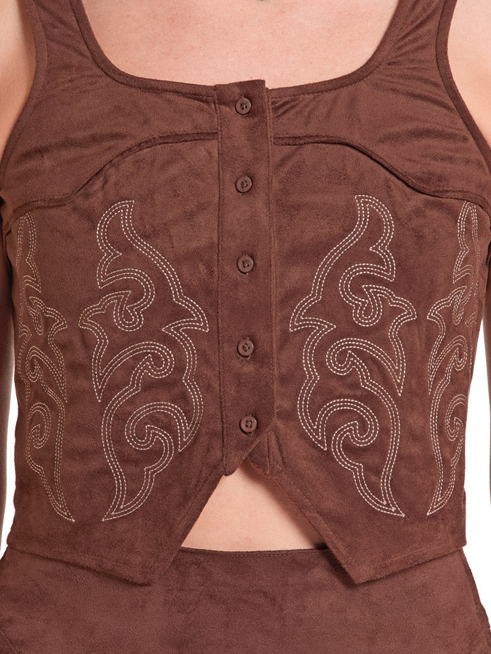 ROCK & ROLL WOMENS EMBROIDERED MICROSUEDE TOP BROWN  BW50T08098