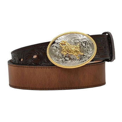 3D CO BROWN LEATHER WITH BULL BUCKLE KIDS BELT- D4202