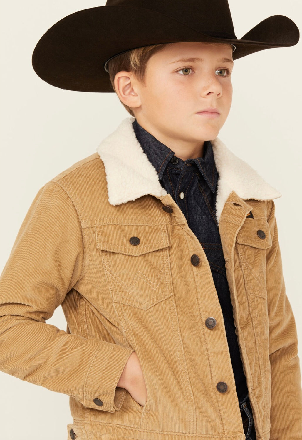 Boy's Wrangler® Cowboy Cut® Sherpa Lined Corduroy Jacket in Wheat