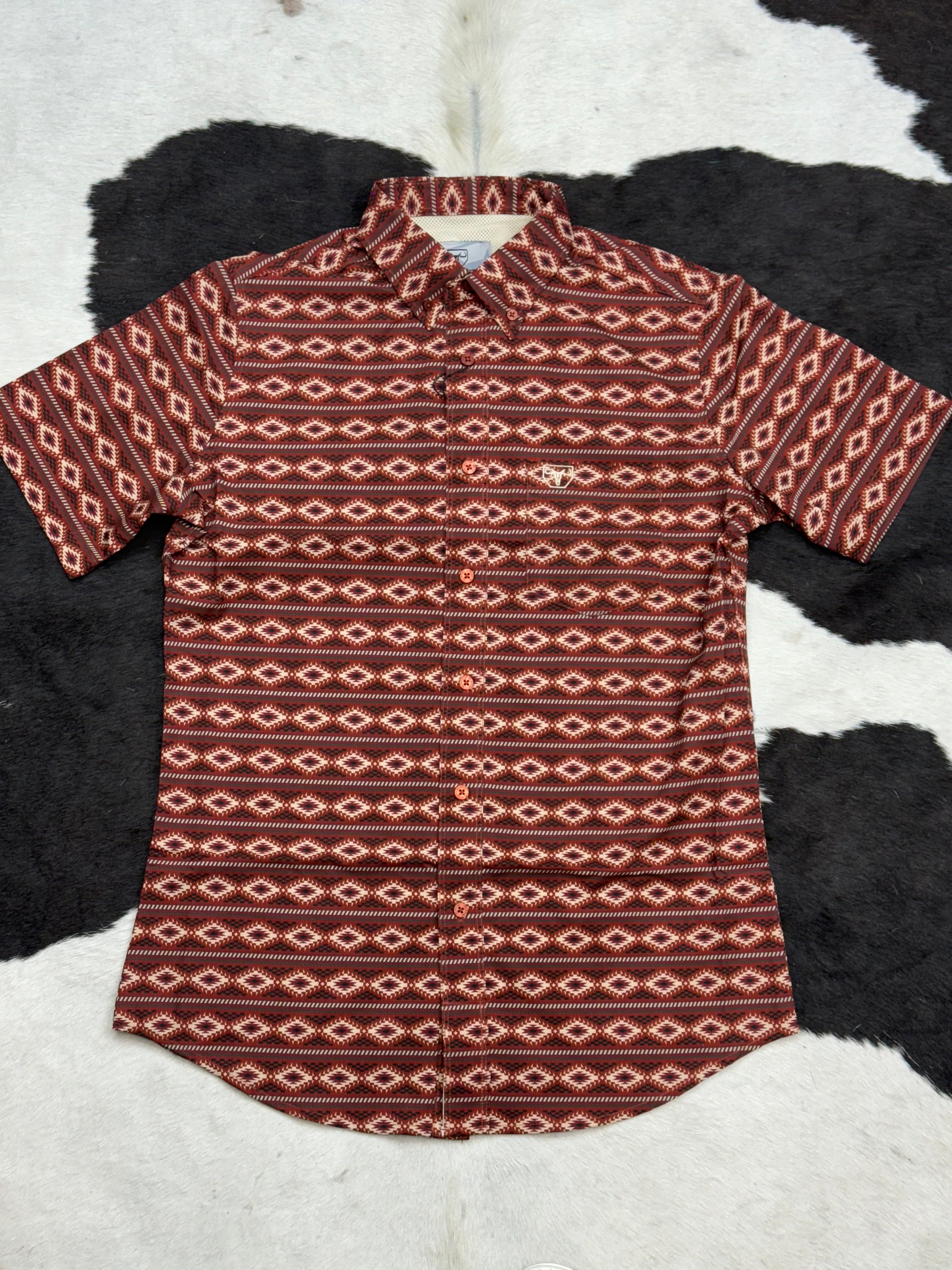 RED MAROON AZTEC SHORT SLEEVE SHIRT VINO