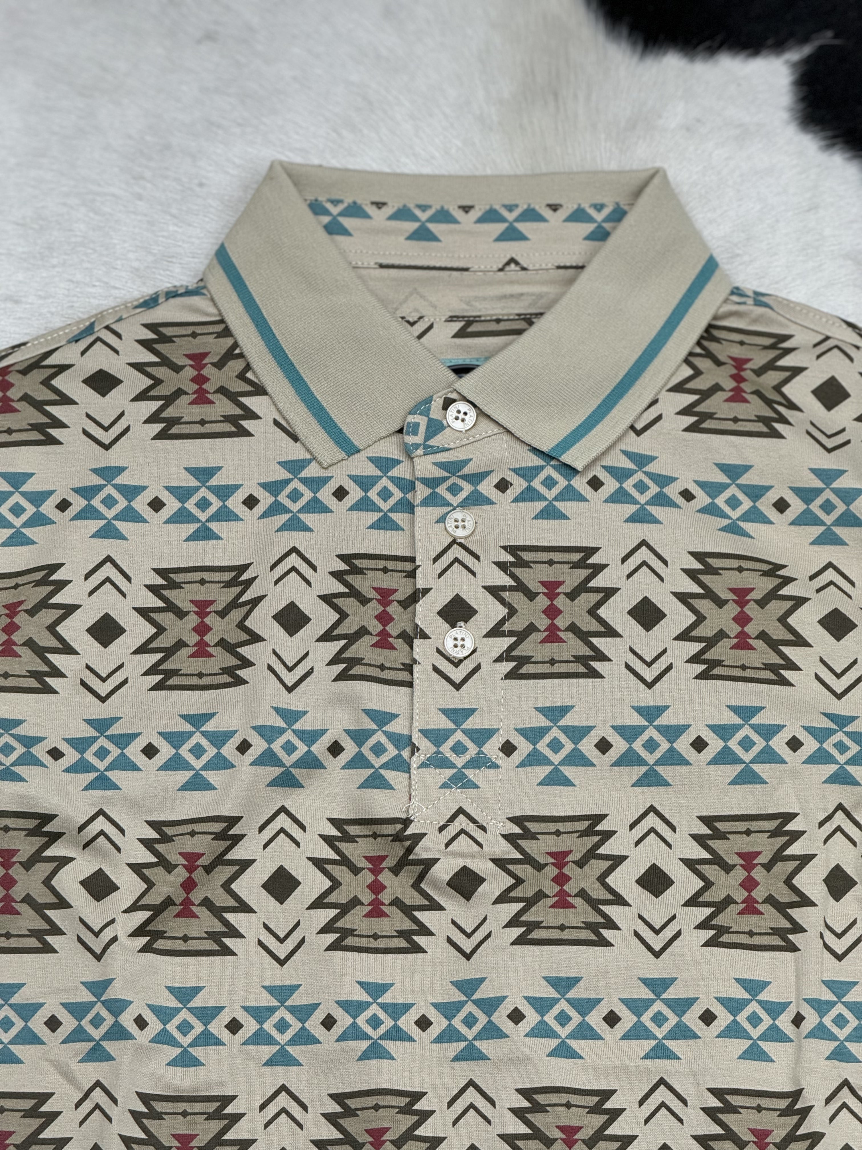 TAUPE TEAL POLO AZTEC SHORT SLEEVE SHIRT TAUPE