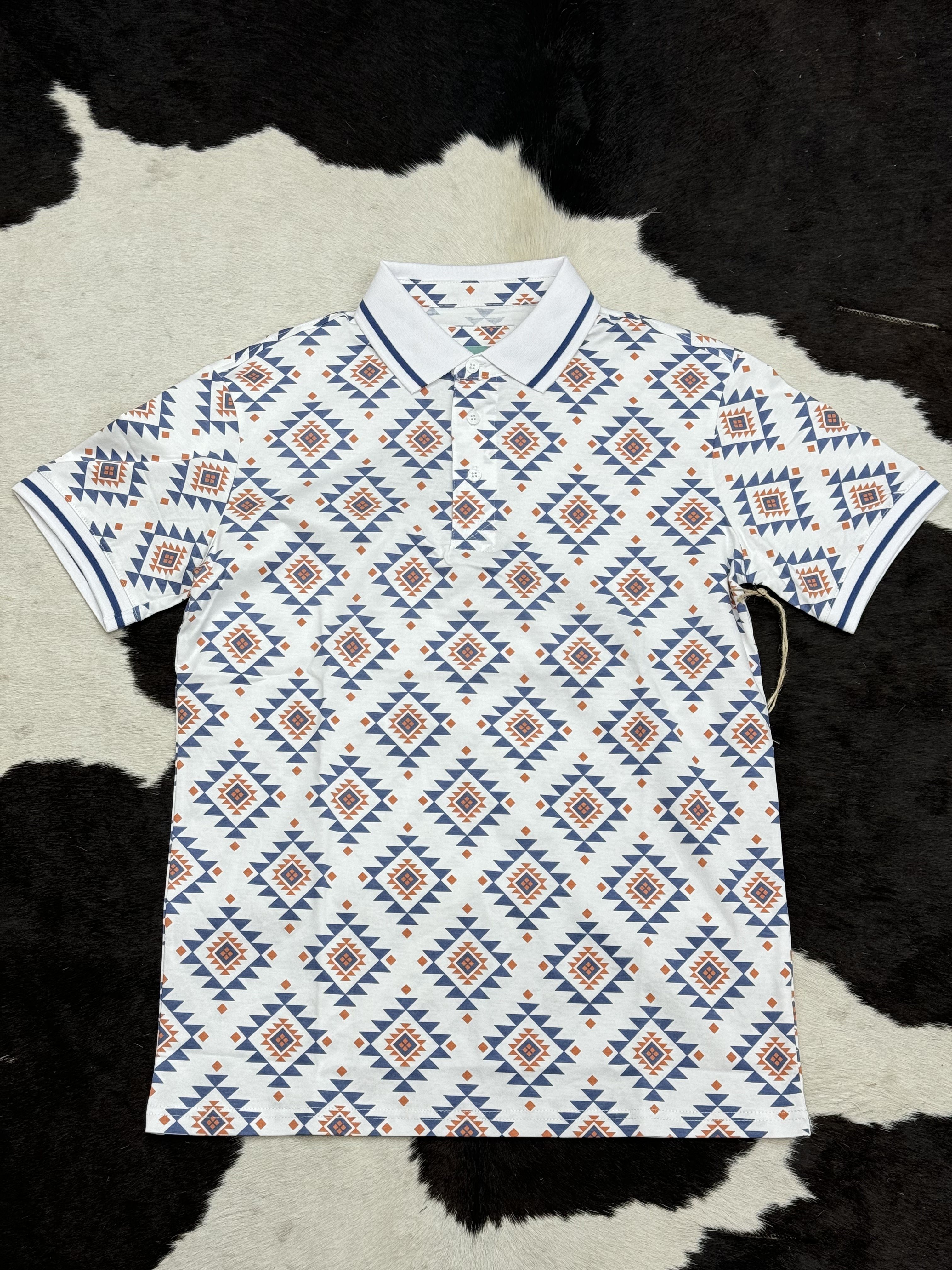 WHITE BLUE POLO AZTEC SHORT SLEEVE SHIRT WHITE