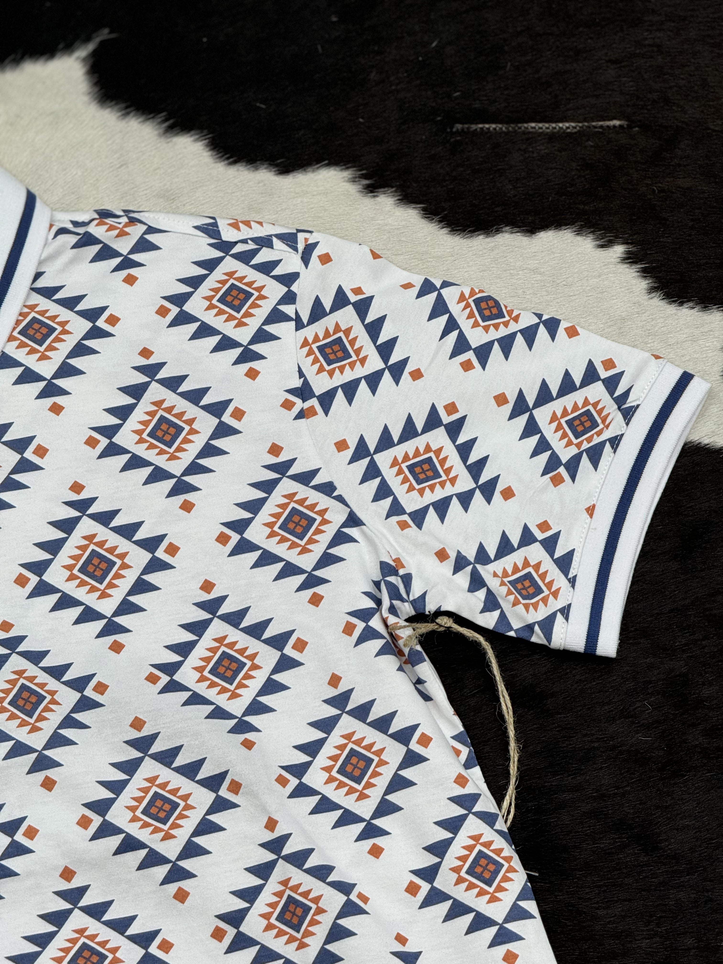 WHITE BLUE POLO AZTEC SHORT SLEEVE SHIRT WHITE