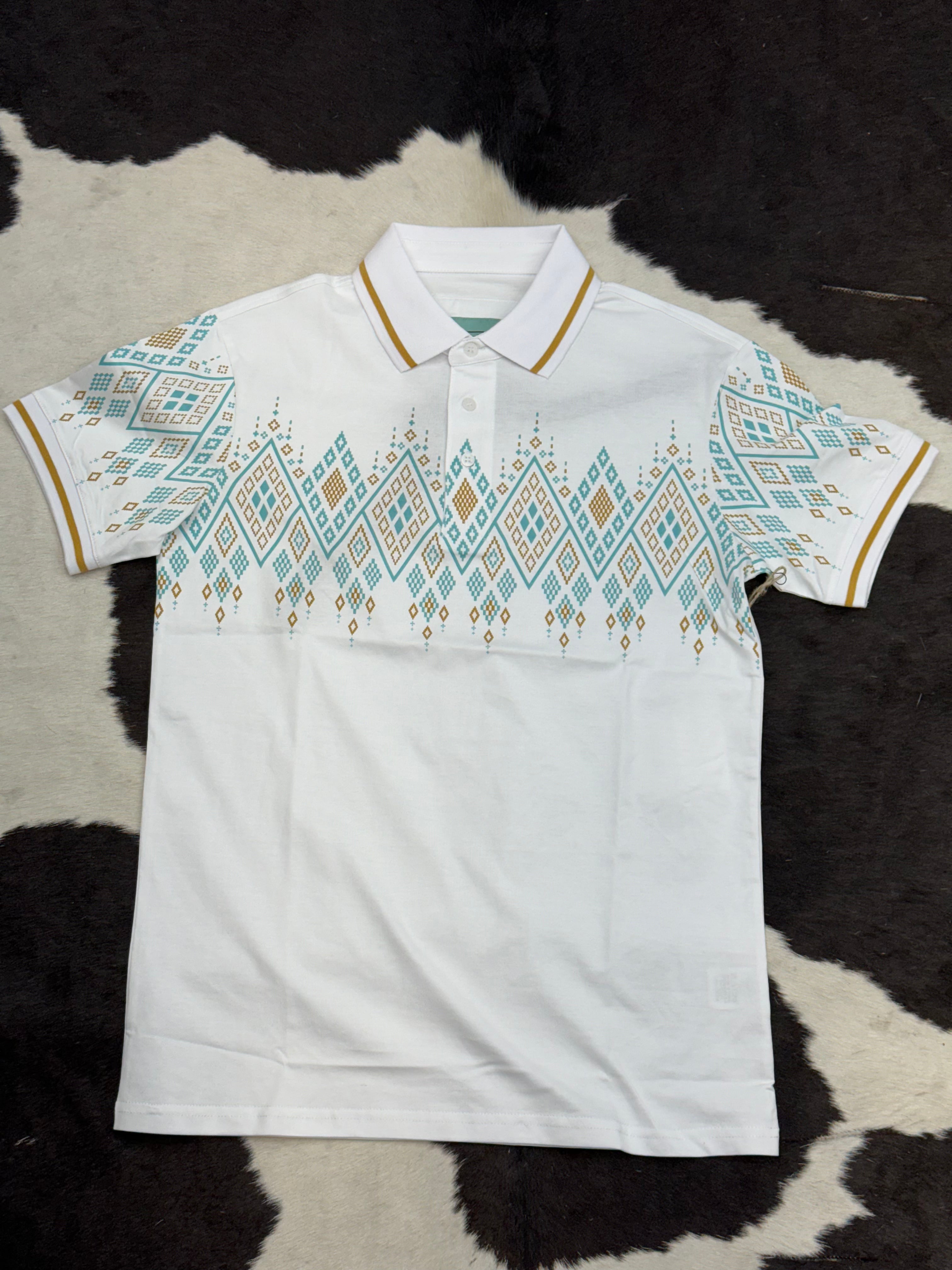 WHITE TEAL POLO AZTEC SHORT SLEEVE SHIRT TEAL