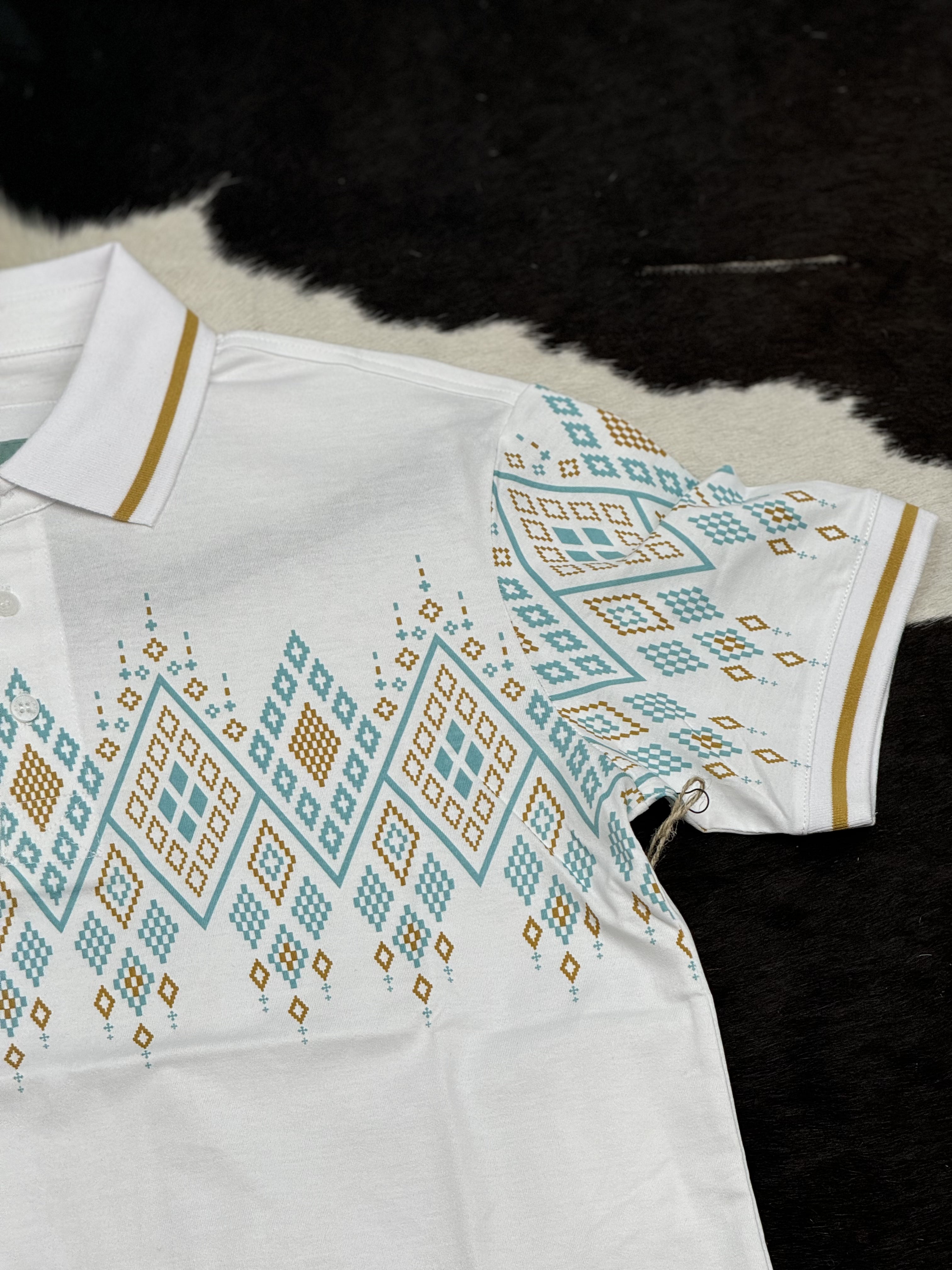 WHITE TEAL POLO AZTEC SHORT SLEEVE SHIRT TEAL