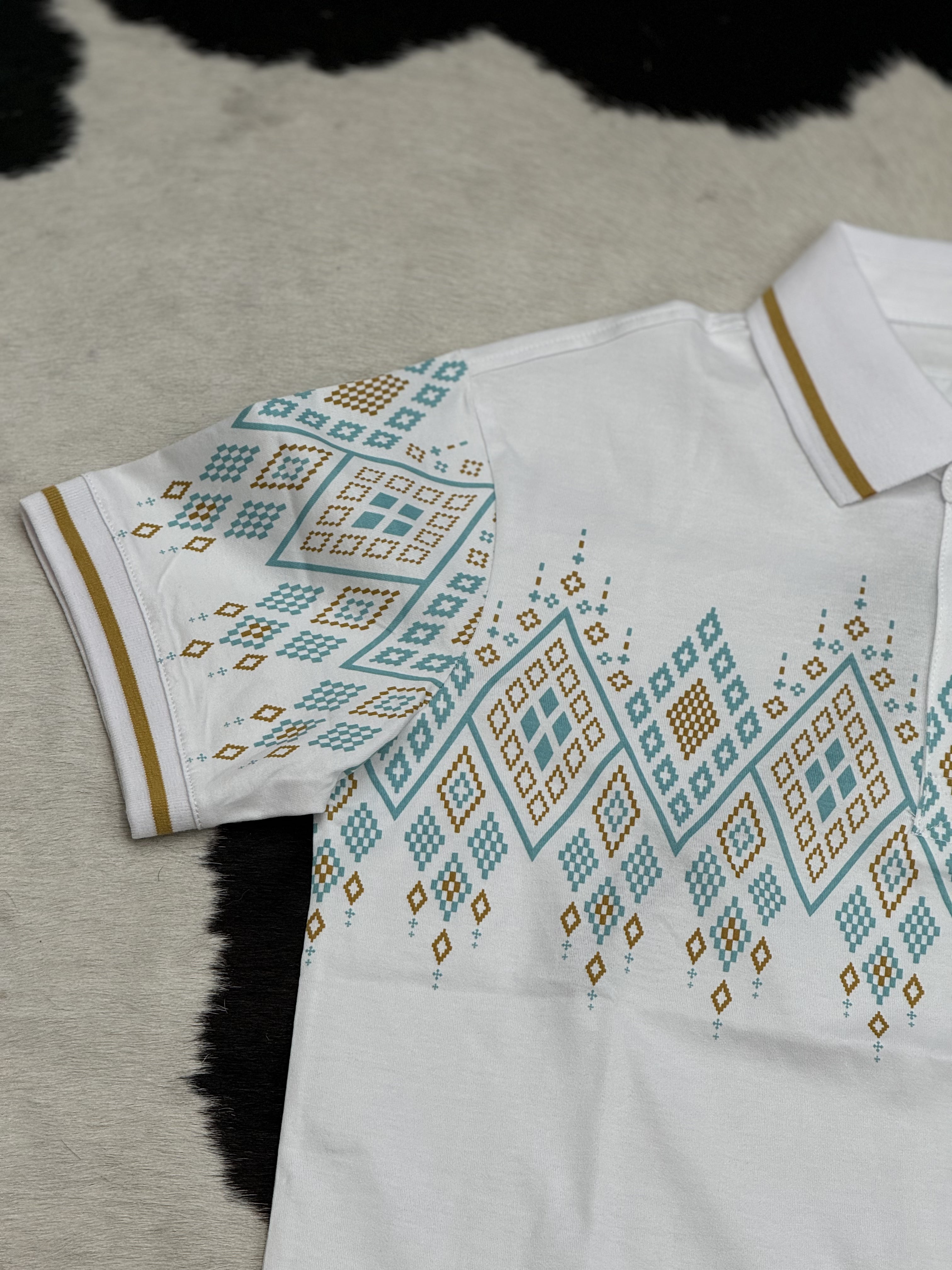 WHITE TEAL POLO AZTEC SHORT SLEEVE SHIRT TEAL