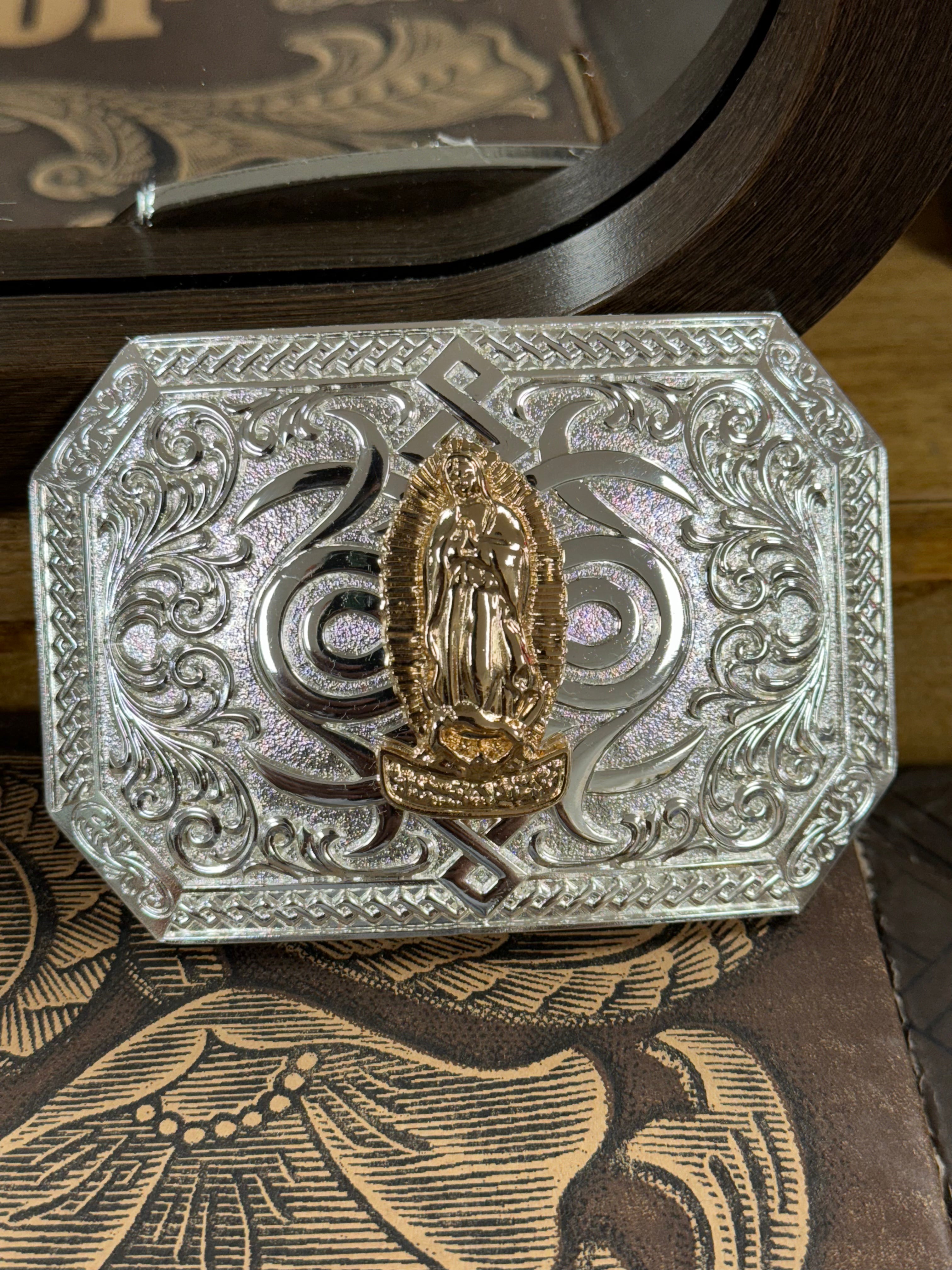 VIRGEN DE GUADALUPE SILVER DETAIL SQUARE BUCKLE