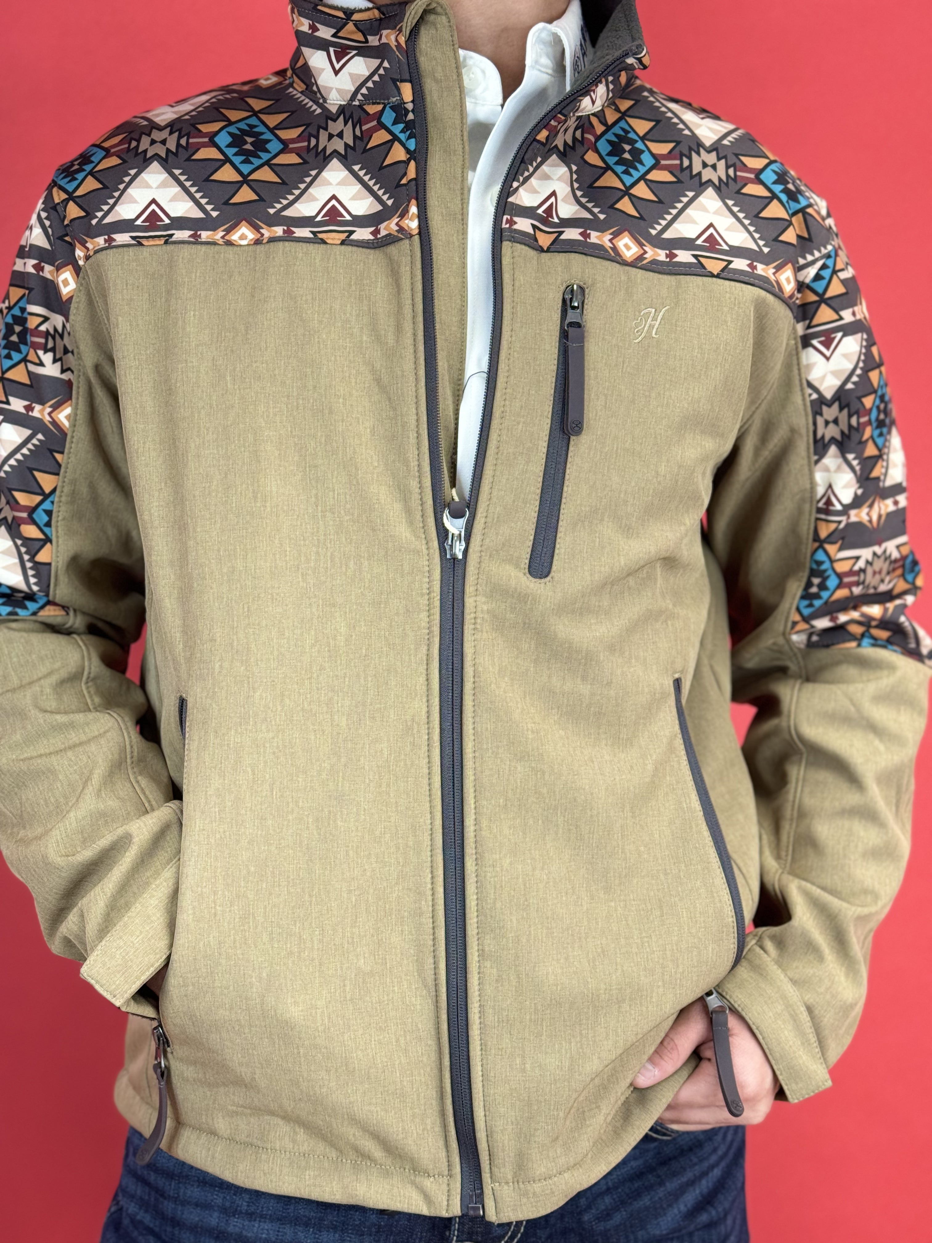 Hooey® Men's Jacket Tech Softshell Tan w/ Brown Aztec Sleeves